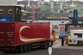 Vehicles arrive at Larne Port in Northern Ireland. Photo credit should read: Brian Lawless/PA Wire