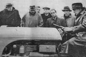 The Ulster Premier Lord Craigavon, first from the left, with the Minister of Agriculture, Sir Basil Brooke, second from left, watch tractor ploughing students gain some valuable tips in November 1939. PICTURE: News Letter Archives