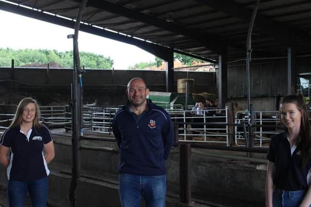 Samantha Todd, left, Rory Best and Emma Turner during a visit to Rory’s farm