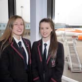 Samantha Todd, left and Emma Turner at Belfast International Airport before boarding their flight to Birmingham on a fascinating ABP Angus Youth Challenge study tour