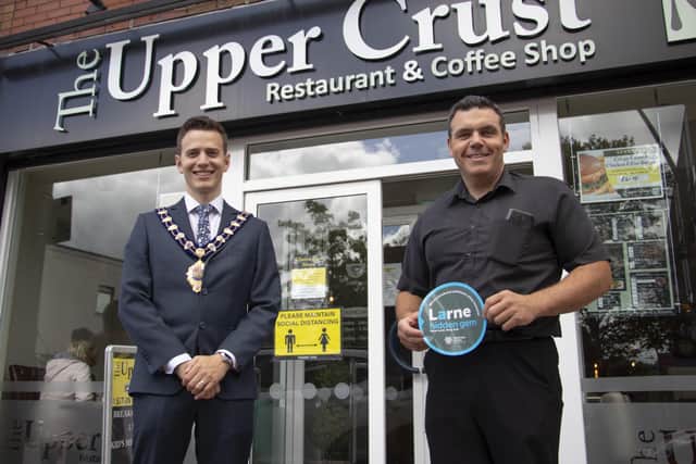 The Mayor, Councillor Peter Johnston, with Glenn Davis from the Upper Crust  in Larne.