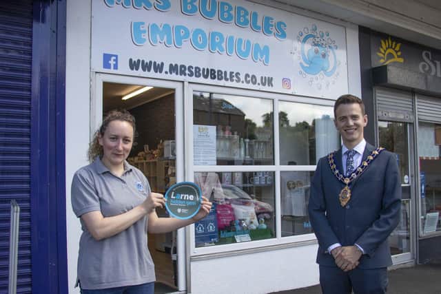 The Mayor, Councillor Peter Johnston, with Emma Magill from Mrs Bubbles in Larne.