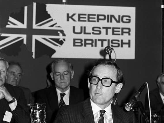 Harold McCusker speaking at the Unionist Party Conference at the Slieve Donard Hotel, Newcastle in November 1984. Picture: Pacemaker Press