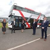 (L-R) Ian Paisley MP, Chief Executive of MEA, Anne Donaghy, Burma Atwal, First Minister Arlene Foster, Jo Bamford and Mayor Cllr Peter Johnston.