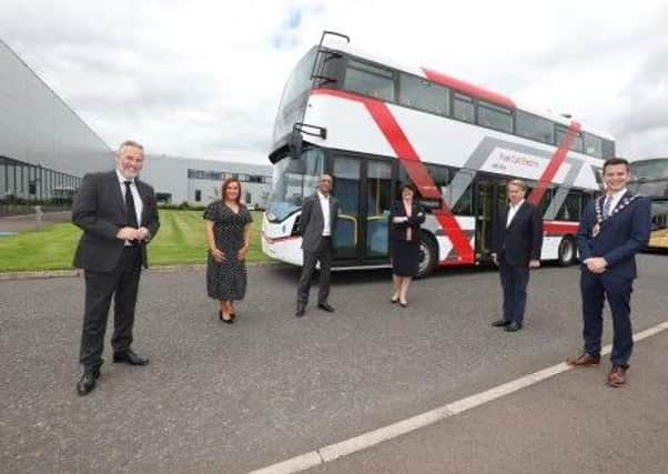 (L-R) Ian Paisley MP, Chief Executive of MEA, Anne Donaghy, Burma Atwal, First Minister Arlene Foster, Jo Bamford and Mayor Cllr Peter Johnston.