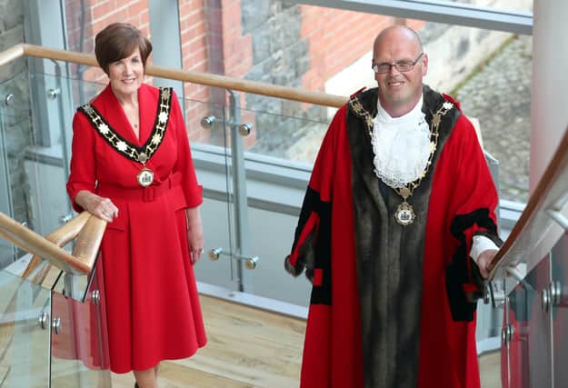 The new Mayor of Antrim and Newtownabbey. Councillor Jim Montgomery, UUP and and Deputy Mayor, Councillor Noreen McClelland, SDLP