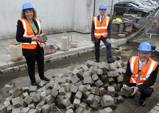 Dfc Minister Carál Ni Chuilín MLA along with Armagh City, Banbridge & Craigavon Lord Mayor Cllr Kevin Savage visited the public realm works in Dromore Co Down. ©Edward Byrne Photography, included is Eddie Quinn, Chairman of Dromore Traders Association.  ©Edward Byrne Photography