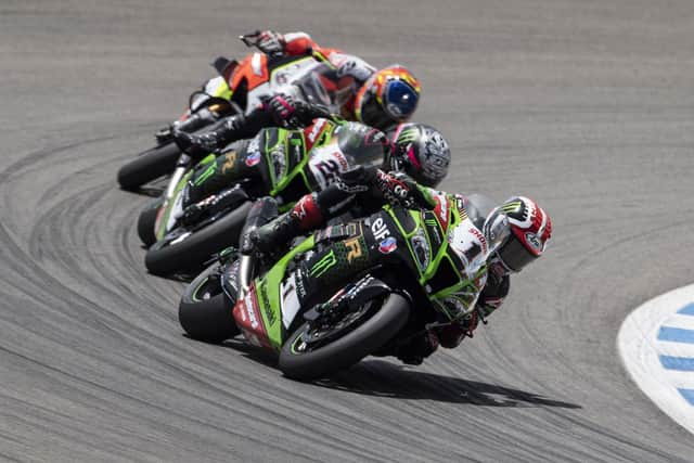 Jonathan Rea leads team mate Alex Lowes and Michael Ruben Rinaldi