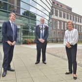 Minister of State Robin Walker is welcomed to Mossley Mill by the Mayor of Antrim and Newtownabbey, Cllr Jim Montgomery and Jacqui Dixon, council chief executive.