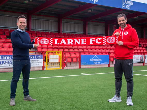 Emmett Clerkin (left) and Larne boss Tiernan Lynch at Inver Park. Pic courtesy of Larne FC.