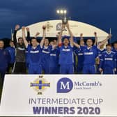 Dollingstown celebrate success over Newington in the Intermediate Cup final. Pic by PressEye Ltd.