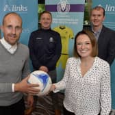 Ex-Northern Ireland winger Keith Gillespie, co-founder of FC Mindwell Brian Adair, former Irish League player Ciaran Feehan, Laura Wylie from the Links Counselling Service, and Glenn Emerson, co-founder and player