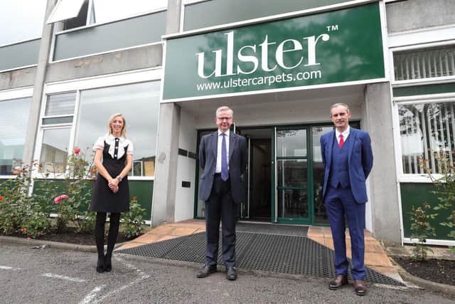 Carla Lockhart MP,  Michael Gove MP and Nick Coburn CEO of Ulster Carpets, Portadown.