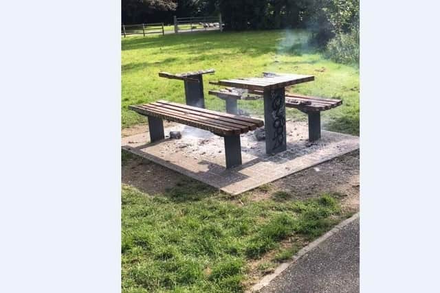 Picnic bench at Hoys Meadow destroyed.