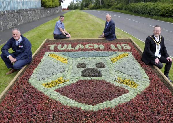 Lord Mayor Cllr Kevin Savage, pictured at the floral carpet in Laurencetown marking the 75th Anniversary of Tullylish GAC, included is Club Chairman Sean McInerney, Russell Eastwood (Parks Manager) and Kieran Cahoon (Grounds Maintenance Manager) ©Edward Byrne Photography