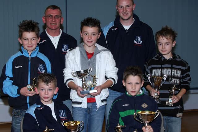 Ballymena United Youth Academy Under 10 players who received individual awards at the club’s annual presentation evening in the Des Allen Suite. Seen here with Coaches Andy Nixon and Andy Nelson are Middle L-R, Joshua Crawford (leading goal scorer runner-up), Aaron Weir  (leading goal scorer), Steven Galloway (Player of the Year). Front L-R, Stuart Nixon (Most Promising) and Michael Watson (Players Player of the Year). BT47-178CS