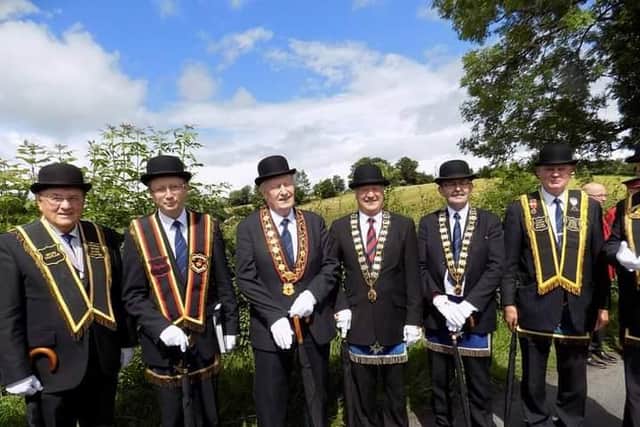 Pictured at the Royal Black Demonstration in Maguiresbridge, Co Fermanagh in  2015 are, from left: Sir Knight Raymond Adams, Imperial Grand Chaplain, Sir Knight the Reverend Nigel Kane, guest speaker, Sovereign Grand Master, Sir Knight Millar Farr, Sir Knight Andrew McRoberts, Imperial Deputy Grand Master, Sir Knight Ivan Kelly, assistant Sovereign Grand Master, and Sir Knight John Smyth, past County Master, Co Down. Picture courtesy of  Billy Maxwell