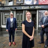 Shadow Chancellor of the Exchequer Anneliese Dodds MP pictured with (L) Colin Neill, Chief Executive of Hospitality Ulster and (R) Danny Coyles, Chairman of Hospitality Ulster during a visit to Ballycastle