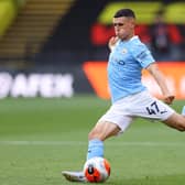 Phil Foden of Man City in action during the Premier League match between Watford FC and Manchester City at Vicarage Road on July 21, 2020 in Watford, England. (Photo by Richard Heathcote/Getty Images)