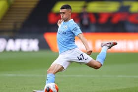 Phil Foden of Man City in action during the Premier League match between Watford FC and Manchester City at Vicarage Road on July 21, 2020 in Watford, England. (Photo by Richard Heathcote/Getty Images)