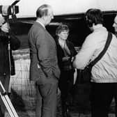 Ms J Johnston and the Farmview crew interview Mr Maher at McGarvey's farm, Cranagh, Co Tyrone in the 1980s. Picture: Farming Life archives