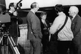 Ms J Johnston and the Farmview crew interview Mr Maher at McGarvey's farm, Cranagh, Co Tyrone in the 1980s. Picture: Farming Life archives