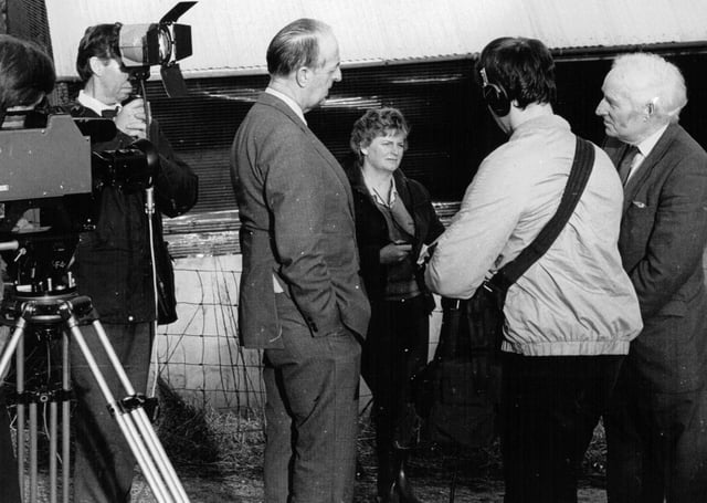 Ms J Johnston and the Farmview crew interview Mr Maher at McGarvey's farm, Cranagh, Co Tyrone in the 1980s. Picture: Farming Life archives