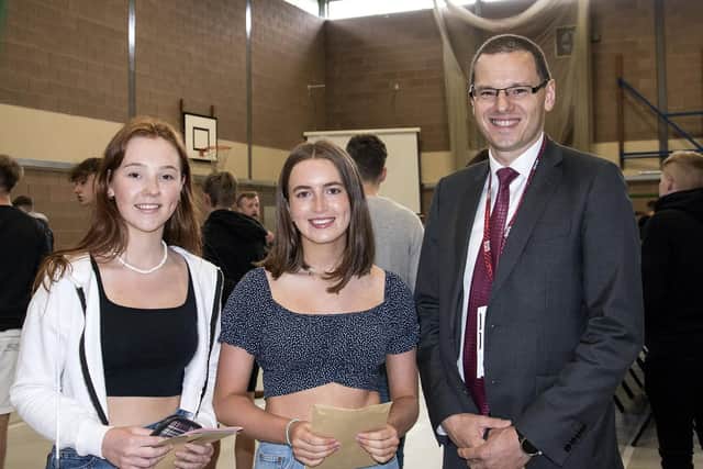 Smiles from Affrica McBurney and  Charlotte Stevenson on GCSE results day at Banbridge Academy