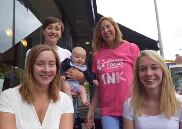 The Greer family from Dromara are featuring in the new Cancer Focus NI breast cancer awareness campaign. Back row, Zara Greer and Oliver Jess and Caroline Greer; front row, Louise Richardson and Joy Greer