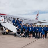 The Coleraine squad on the runway at Belfast International Airport before their flight to Slovenia. PICTURE: David Cavan