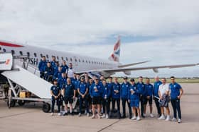 The Coleraine squad on the runway at Belfast International Airport before their flight to Slovenia. PICTURE: David Cavan
