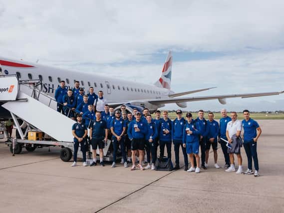 The Coleraine squad on the runway at Belfast International Airport before their flight to Slovenia. PICTURE: David Cavan