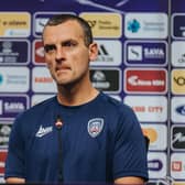 Coleraine boss Oran Kearney speaks to the press before tonight's clash with Maribor. PICTURE: David Cavan