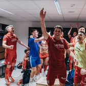 Ben Doherty and the Coleraine players celebrate the win in Maribor. PICTURE: David Cavan