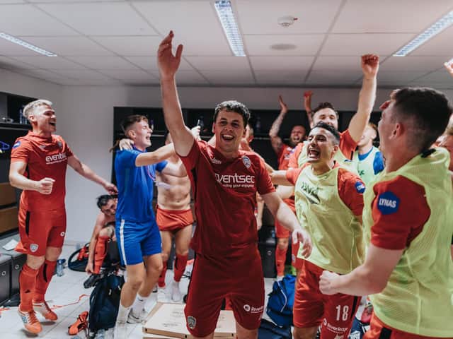 Ben Doherty and the Coleraine players celebrate the win in Maribor. PICTURE: David Cavan