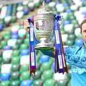 Linfield captain Jamie Mulgrew with the Gibson Cup. Pic by Pacemaker.