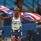 Great Britain's Mo Farah celebrates winning the Men's 5000m at the Rio Olympic Games, Brazil. Photo: Martin Rickett/PA Wire.