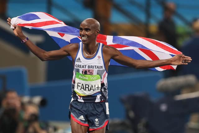 Great Britain's Mo Farah celebrates winning the Men's 5000m at the Rio Olympic Games, Brazil. Photo: Martin Rickett/PA Wire.