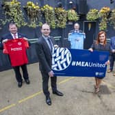 L-R: Gareth Clements, Larne FC; Gordon Lyons MLA; John Taggart, Ballymena United; Anne Donaghy, MEABC chief executive; Patrick Nelson, IFA and Peter Clarke, Carrick Rangers.