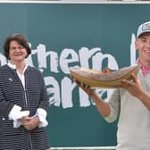 Tyler Koivisto of the United States pictured alongside NI First Minister Arlene Foster and with the trophy after winning the Northern Ireland Open supported by The R&A at Galgorm Spa & Golf Resort.  (Photo by Charles McQuillan/Getty Images)