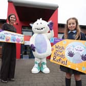 Pictured launching the handwashing resource is Rufus the Handwashing Hero alongside Aileen McGloin from safefood and primary pupilOlivia