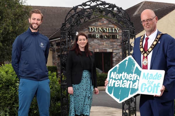 Mayor of Antrim and Newtownabbey, Cllr Jim Montgomery, Ross Oliver (Galgorm Golf Club) and Bridgene Keeley (Dunsilly Hotel).