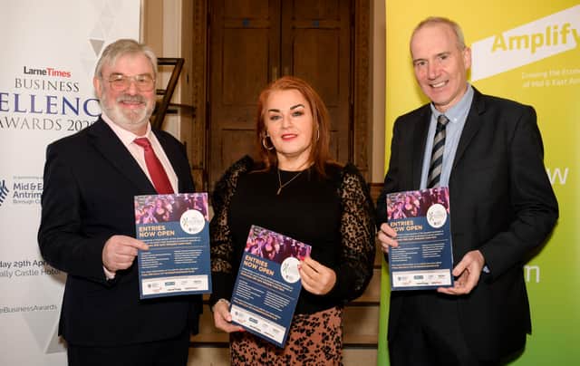Launching the Larne Times Business Excellence Awards at Larne Town Hall are (from left) Dr Norman Apsley, chair, LEDCOM, Anne Donaghy, chief executive, Mid and East Antrim Borough Council and Terry Ferry, Larne Times editorial.