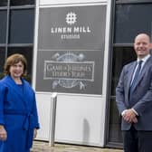 11/09/20 REPRO FREE..Economy Minister Diane Dodds visited Linen Mill Studios in Banbridge to view progress on the project to transform the studio into the Game of Thrones(r) Studio Tour visitor attraction. The iconic, globally popular show was filmed principally in Northern Ireland, with Linen Mill Studios the location for a significant proportion of filming. Linen Mill Studios is working with the show's maker, HBO, to progress the project, which will comprise imagery, sets, original props and costumes, and other behind-the-scenes items from the show. When it opens in 2021, the attraction will be the only permanent officially licensed Game of Thrones(r) experience in the world and a further significant boost to Northern Ireland's tourism offering. The Minister is pictured with Andrew Webb, Managing Director of Linen Mill Studios.Pic Steven McAuley/McAuley Multimedia