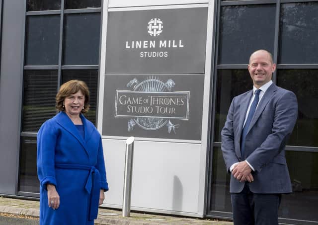 11/09/20 REPRO FREE..Economy Minister Diane Dodds visited Linen Mill Studios in Banbridge to view progress on the project to transform the studio into the Game of Thrones(r) Studio Tour visitor attraction. The iconic, globally popular show was filmed principally in Northern Ireland, with Linen Mill Studios the location for a significant proportion of filming. Linen Mill Studios is working with the show's maker, HBO, to progress the project, which will comprise imagery, sets, original props and costumes, and other behind-the-scenes items from the show. When it opens in 2021, the attraction will be the only permanent officially licensed Game of Thrones(r) experience in the world and a further significant boost to Northern Ireland's tourism offering. The Minister is pictured with Andrew Webb, Managing Director of Linen Mill Studios.Pic Steven McAuley/McAuley Multimedia
