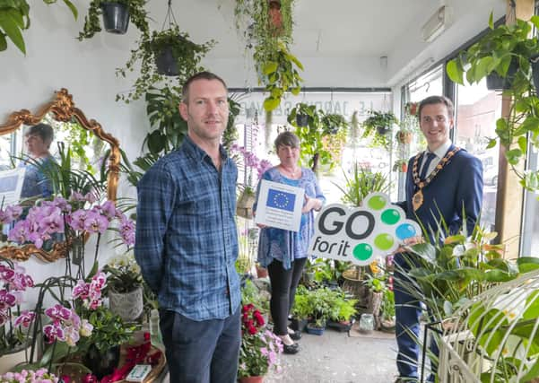 Will Kerr (left) is Melanie Christie Boyle MBE, Chief Executive, Ballymena Business Centre and Councillor Peter Johnson, Mayor of Mid & East Antrim Borough Council