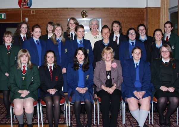 Students from Ballymena Academy, Cambridge House Grammar School, St Louis Grammar School, Loreto College and Coleraine High School who took part in the Ballymena BPW Public Speaking competition, which was held at the Michelin Social Club. Included are Ballymena BPW president Philipa Peden and Public Speaking convenor Mary Hagan. BT49-100JC