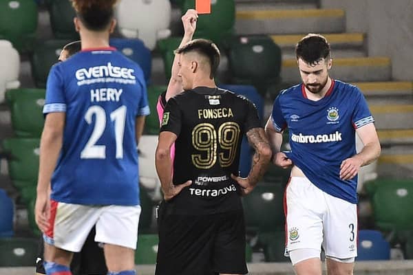 Ross Larkin (right) was sent off in Linfield's 1-0 loss to Floriana. Pic by Pacemaker.