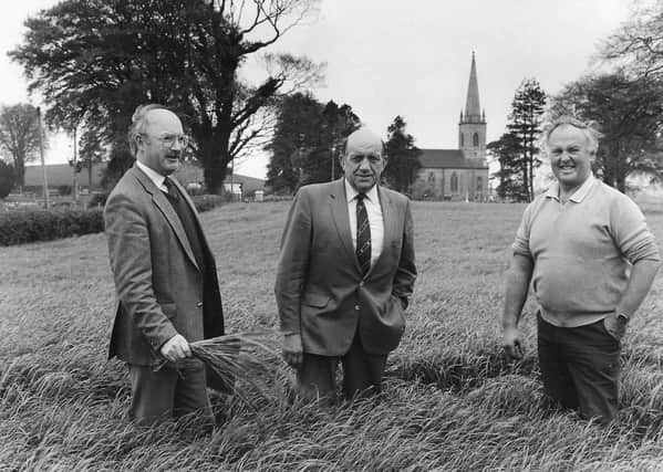 Thanks for the Farming Life readers who have helped to identify to two the men in this pic, namely Sam Robinson, centre, and Brian Johnston, Strathroy, both from Omagh. They are standing in front of Cappagh Church, Omagh. Picture: Farming Life archives