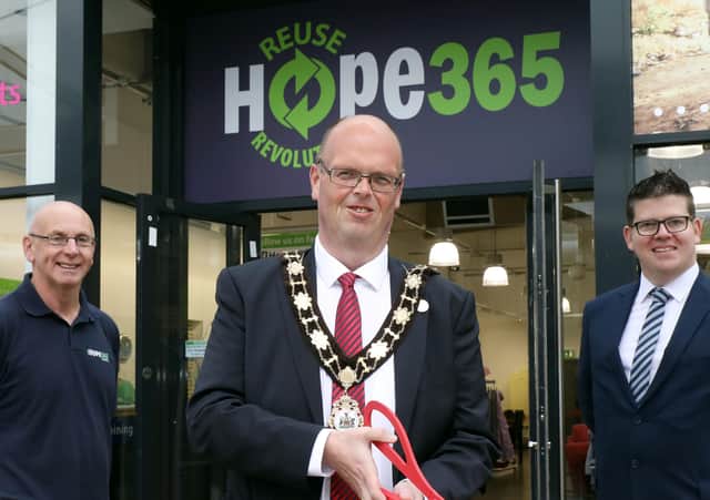 Pictured at the opening of the new Hope 365 store is (L-R) Michael Holmes, Chief Executive of Hope 365, Councillor Jim Montgomery, Mayor of Antrim & Newtownabbey, and Chris Flynn, Centre Director at The Junction.